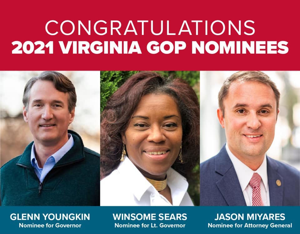 Virginia Republicans selected Glenn Youngkin for Governor, Winsome Sears for Lieutenant Governor, and Jason Miyares for Attorney General as our state-wide 2021 election Republican Party standard-bearers to lead our drive to retake Virginia.  The selection of this incredibly qualified, talented, and attractive trio is a tremendous jump-start for our campaign to turn the tide in […]